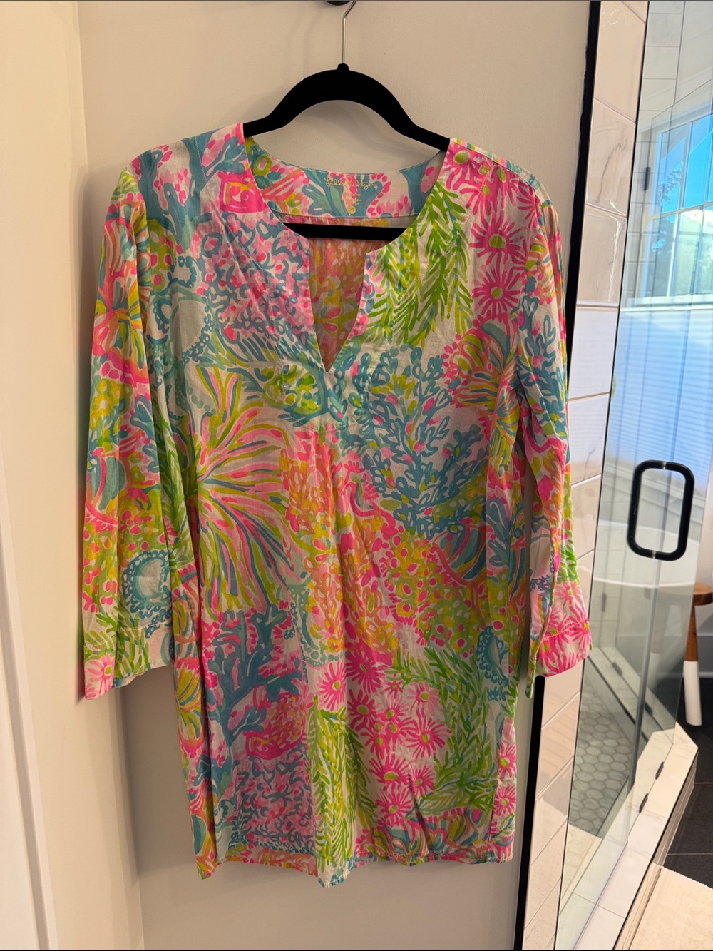 Colorful Floral beach cover up in Pink, Green & Blue
